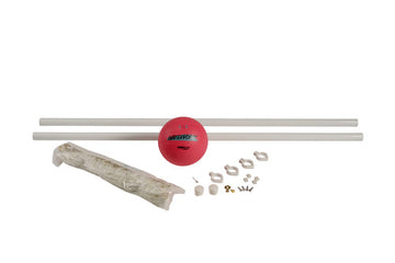 Pool volleyball kit with red volleyball, net, poles, and mounting hardware for in-pool installation