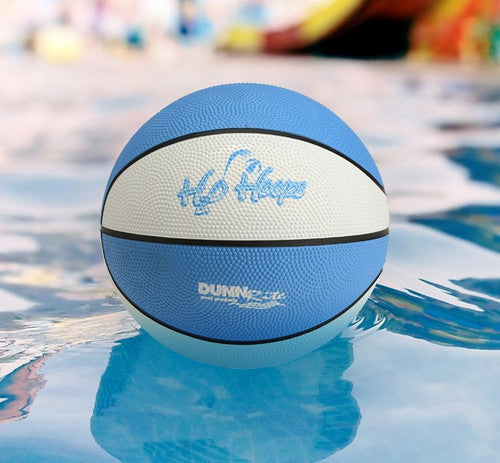 Light blue and white waterproof pool basketball floating in water, featuring H2O Hoops logo