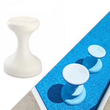 Submersible bar stools in white and blue resting on vinyl liner pool floor, safe for all surfaces
