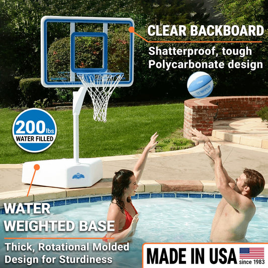 Couple playing with poolside basketball hoop featuring shatterproof clear backboard and 200 lb water-filled base