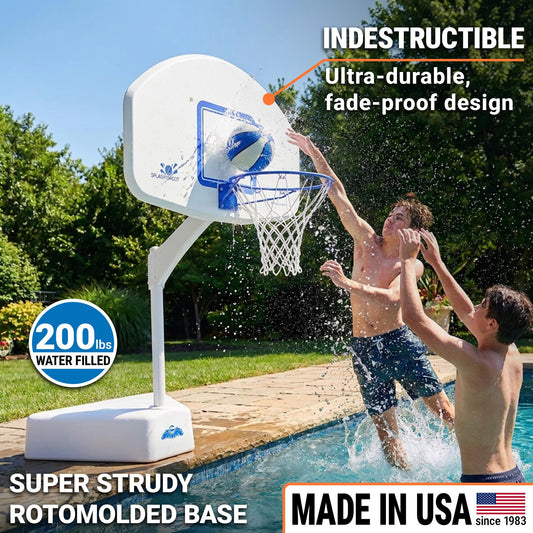 Group playing pool basketball with white and blue Splash & Shoot hoop on pool deck
