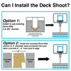 Diagram showing two installation options for Deck Shoot pool basketball system using pre-existing or new anchors in concrete pool decks
