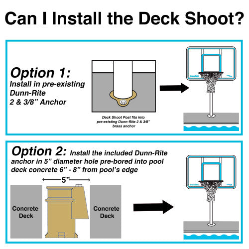 Diagram showing two installation options for Deck Shoot pool basketball system using pre-existing or new anchors in concrete pool decks