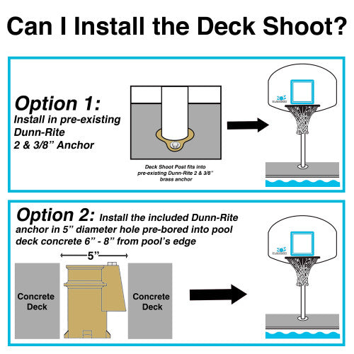 Deck Shoot pool basketball installation guide showing anchor options for concrete pool decks