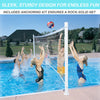 Family playing pool volleyball with Dunn-Rite Deck Volley net system anchored to pool deck, showcasing outdoor fun and durable design