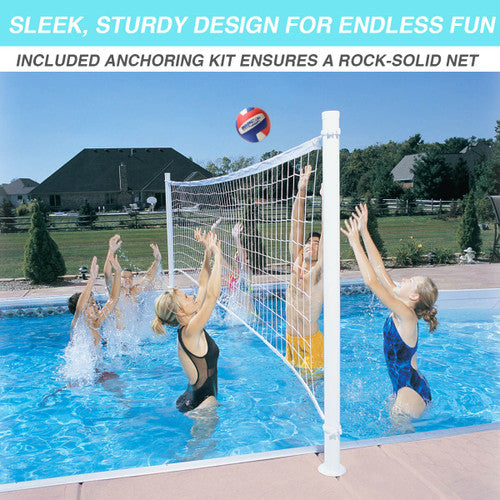 Kids playing in-pool volleyball using Dunn-Rite Deck Volley net system with secure anchored posts