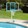 Poolside mounted basketball hoop with clear backboard and color-matched ball, part of the Dunn-Rite Deck Shoot system