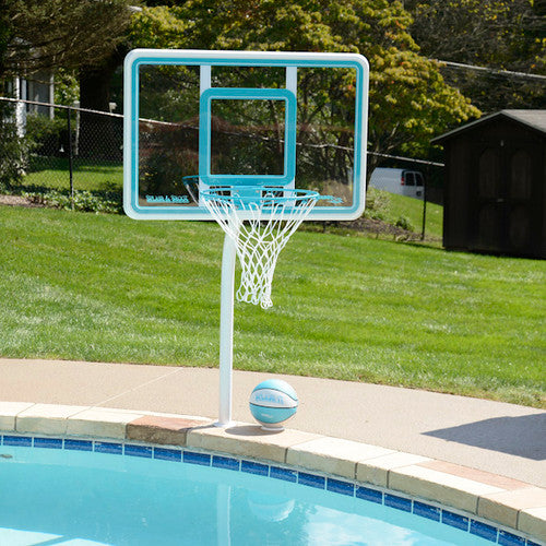 Poolside mounted basketball hoop with clear backboard and color-matched ball, part of the Dunn-Rite Deck Shoot system
