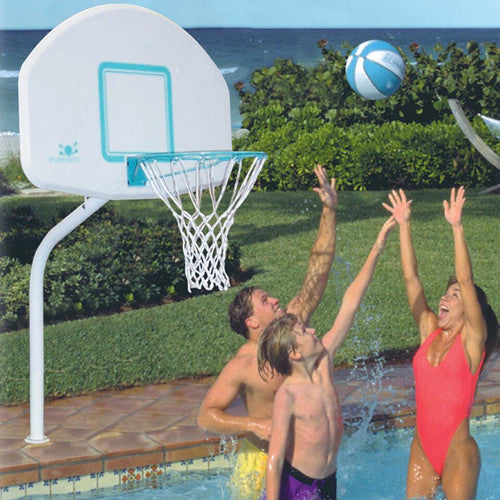Family enjoying pool basketball with white poly backboard and Splash-It ball