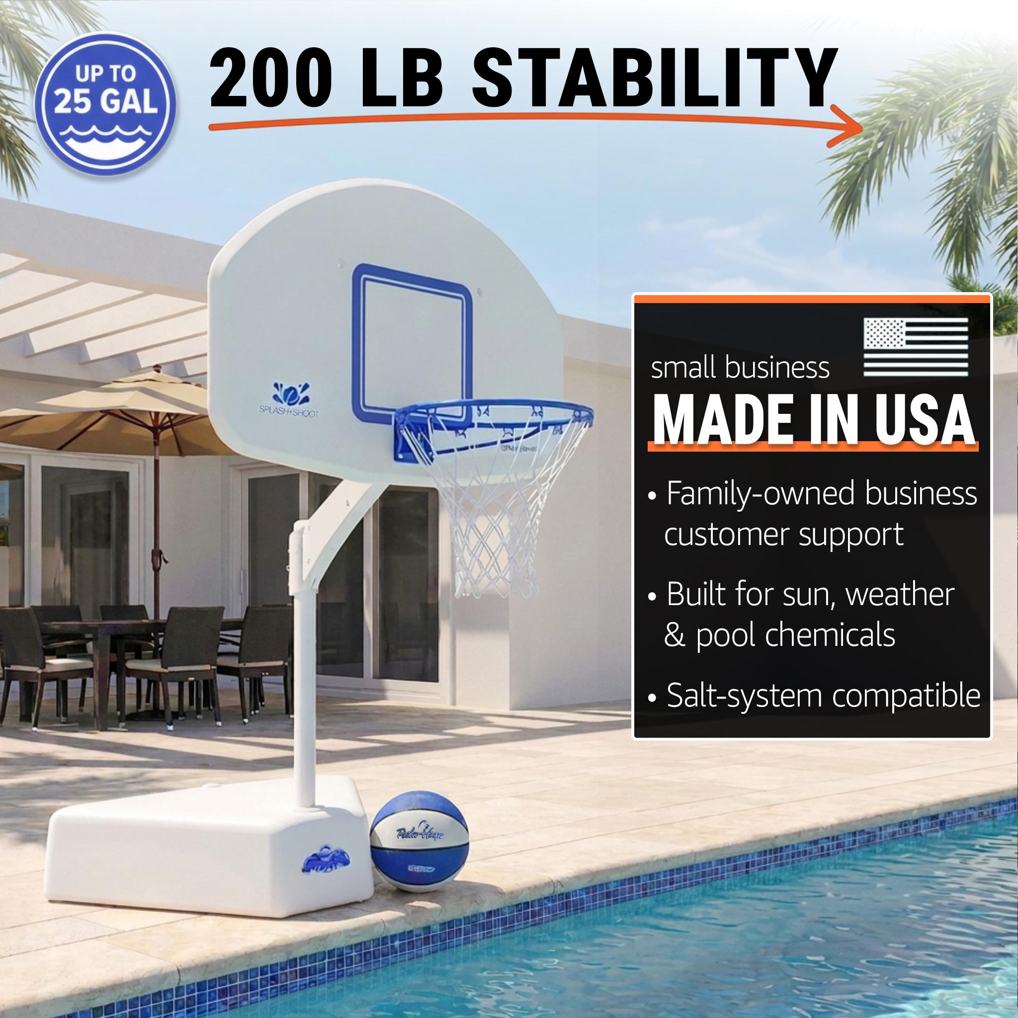 This pool basketball hoop weights a sturdy 200 pounds after filling with water