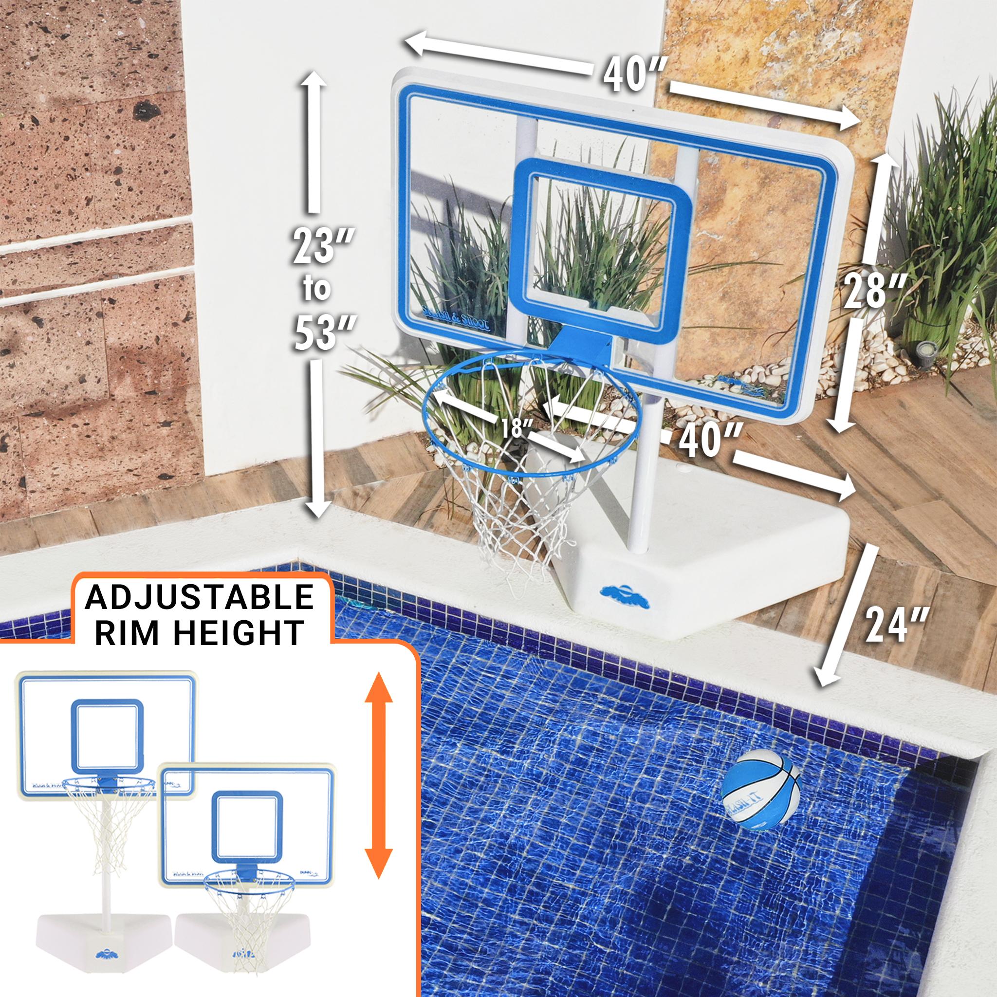 Adjustable pool basketball hoop beside modern patio and pool area, featuring sleek polycarbonate backboard