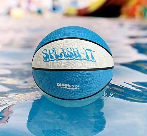 Light blue and white Splash-It pool basketball floating on pool water with a colorful background – Dunnrite waterproof basketball for swimming pools