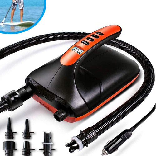 Electric SUP pump kit with multiple valve adapters and car plug for paddle board inflation