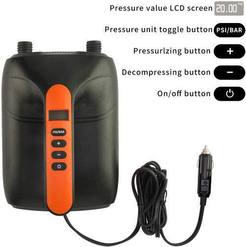 Electric paddle board pump with LCD screen, pressure controls, and car adapter cord