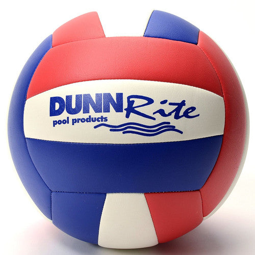 Red white and blue Dunnrite pool volleyball with waterproof synthetic cover