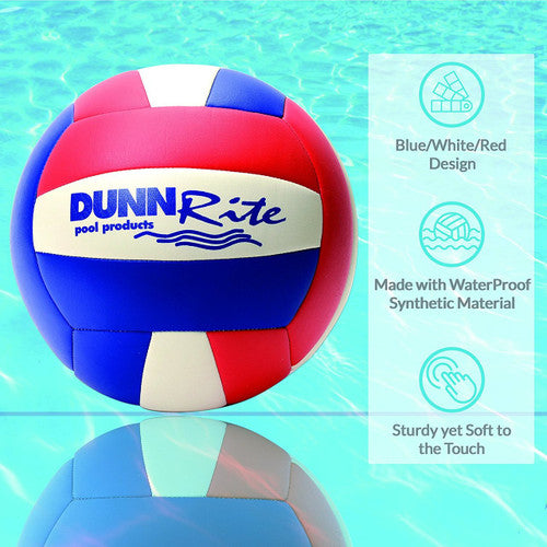 Dunnrite pool volleyball floating in water with feature callouts waterproof soft durable