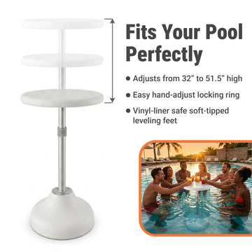 Adjustable pool bar stand with features listed on a white background