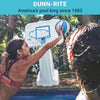 Two people playing basketball in a pool with Dunn-Rite branding.