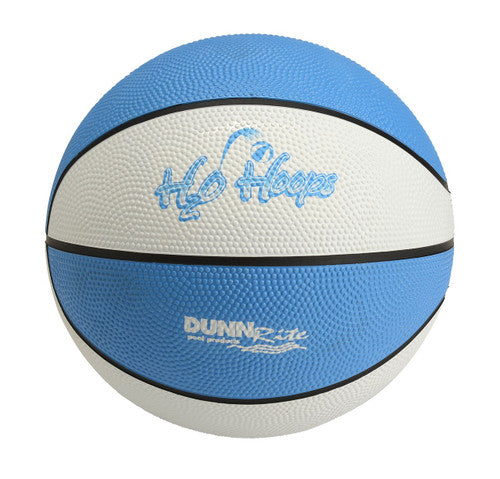Close-up of H2O Hoops waterproof pool basketball with textured grip and Dunnrite branding