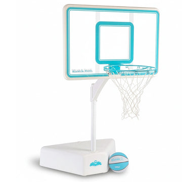 Best-selling adjustable pool basketball hoop with clear backboard, white base, and teal and white basketball included