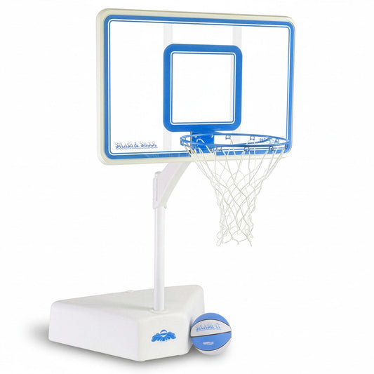 Best-selling adjustable pool basketball hoop with clear backboard, white base, and blue and white basketball included