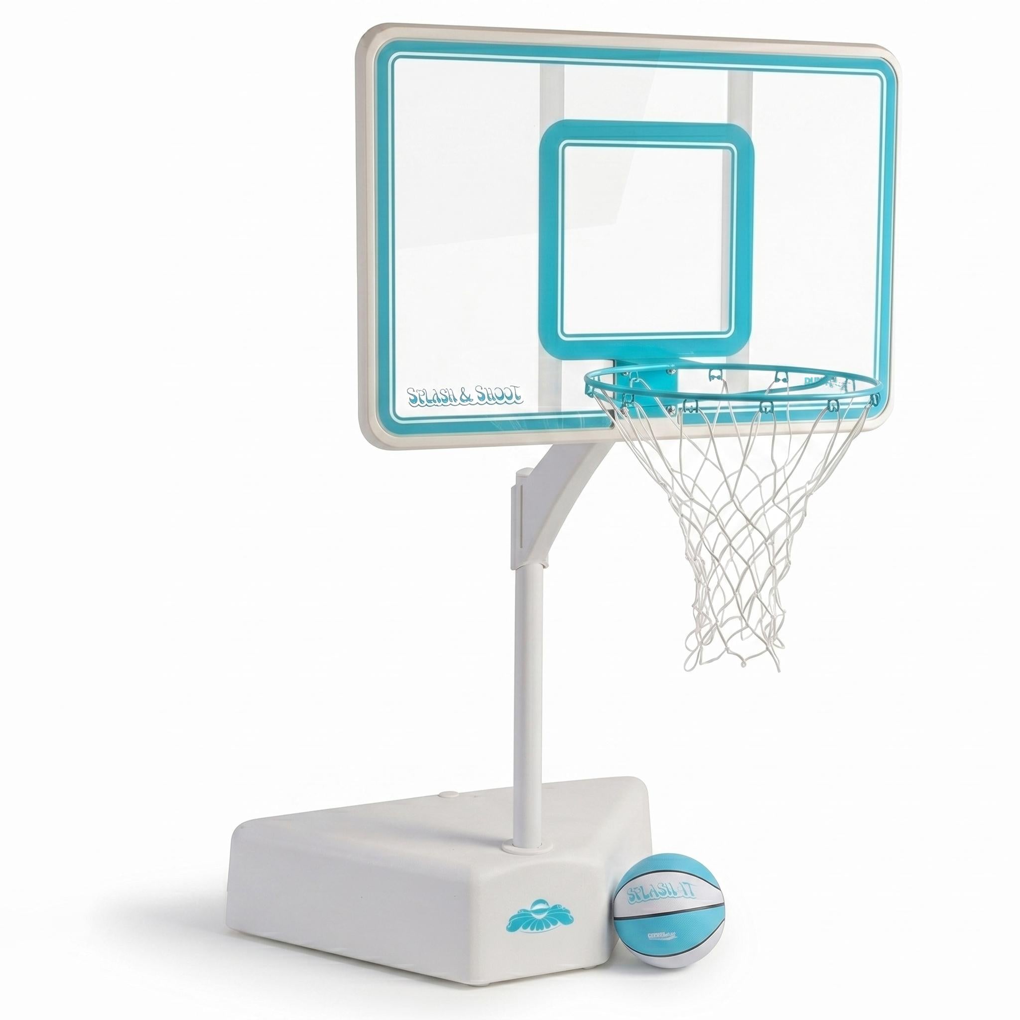 Best-selling adjustable pool basketball hoop with clear backboard, white base, and teal and white basketball included