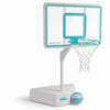 Best-selling adjustable pool basketball hoop with clear backboard, white base, and teal and white basketball included.