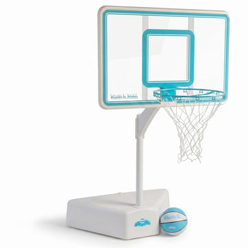 Best-selling adjustable pool basketball hoop with clear backboard, white base, and teal and white basketball included.
