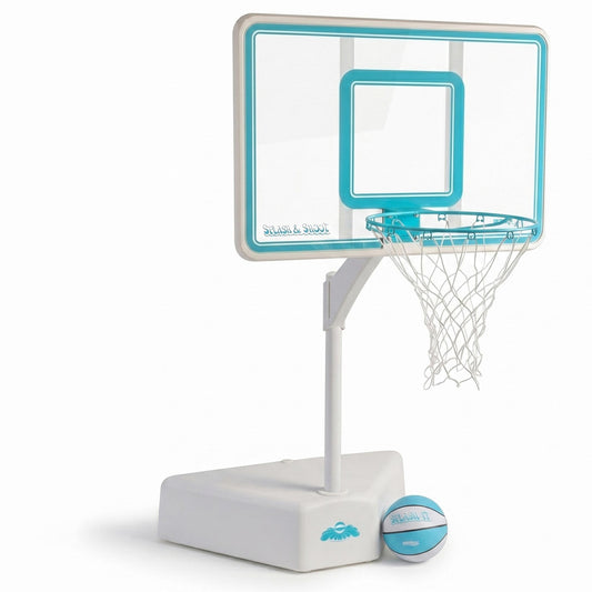 Best-selling adjustable pool basketball hoop with clear backboard, white base, and teal and white basketball included.