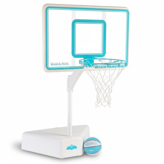 Best-selling adjustable pool basketball hoop with clear backboard, white base, and teal and white basketball included