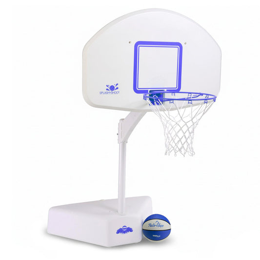 White and blue Splash & Shoot pool basketball hoop with 9-inch waterproof ball and weighted base