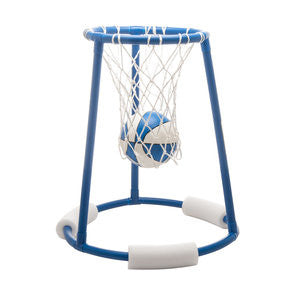 Floating pool basketball hoop with blue and white ball inside, designed for in-pool play.