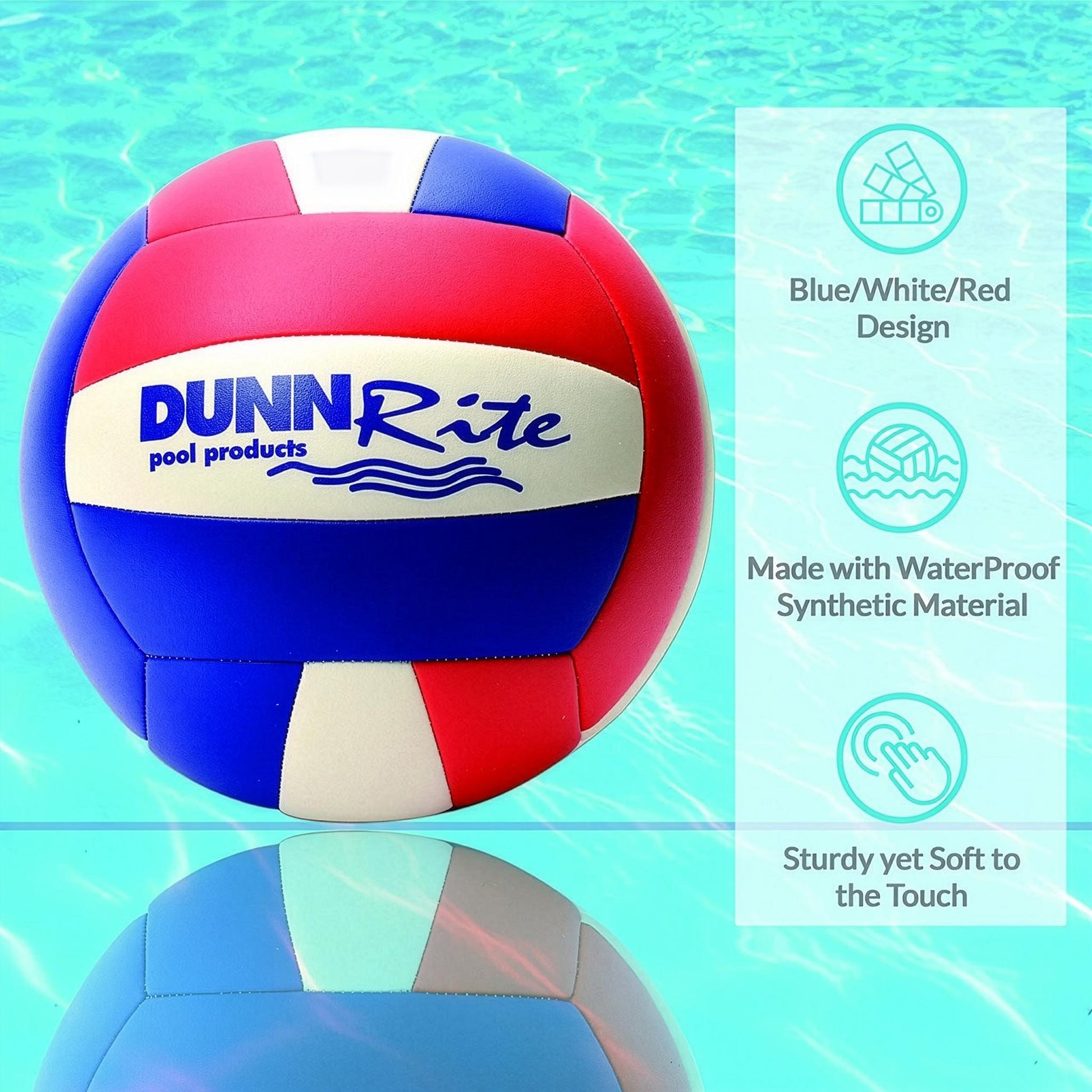 Red, white, and blue waterproof Dunnrite pool volleyball floating in pool