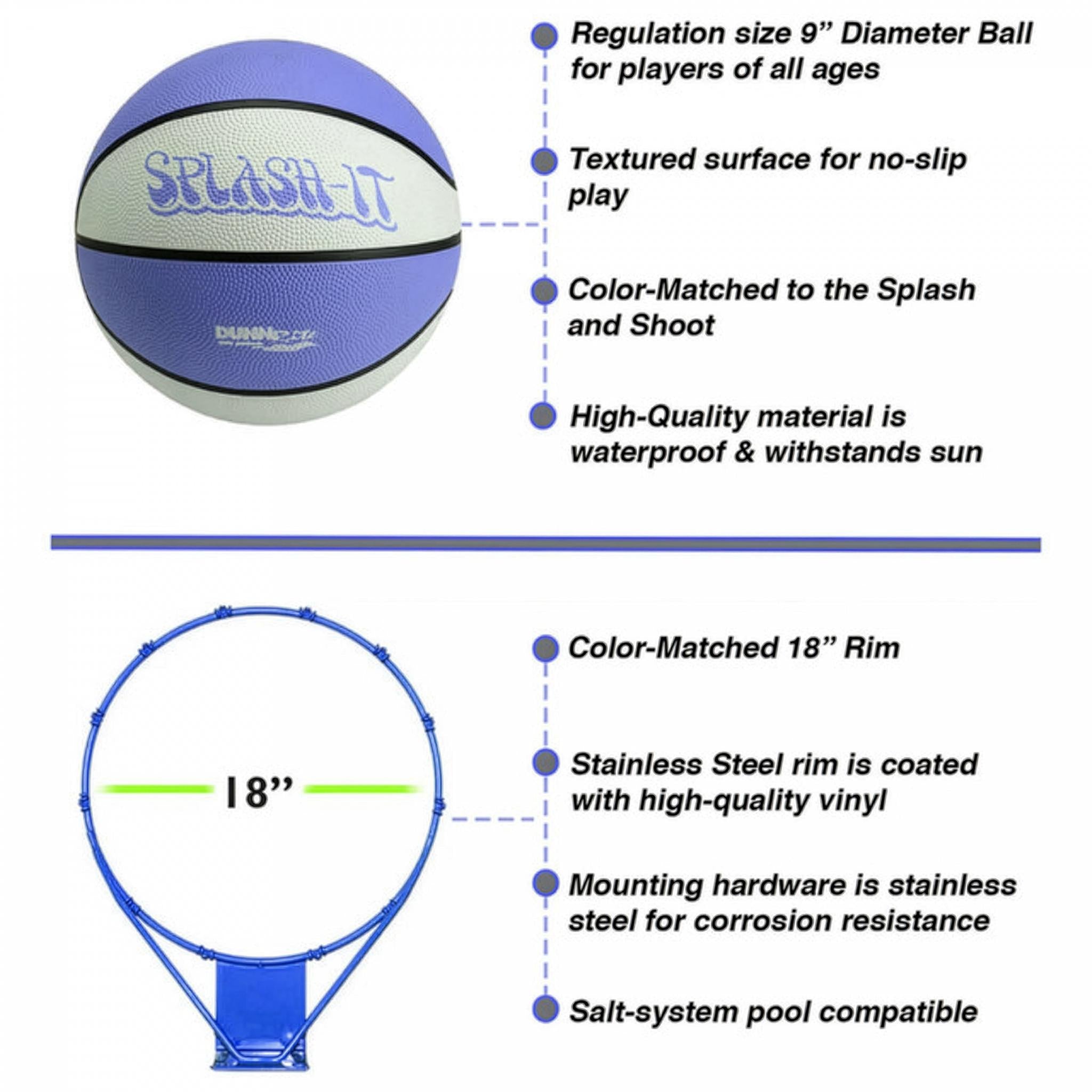 Blue Splash It 9-inch pool basketball and 18-inch color-matched rim with stainless steel hardware and salt system compatibility