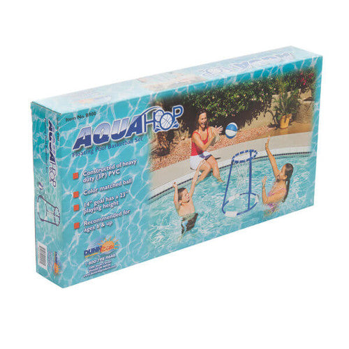 AquaHoop floating pool basketball set packaging with image of family playing in pool