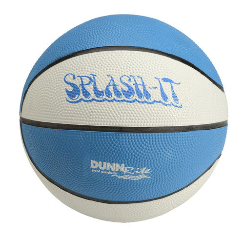 Close-up of Splash-It blue and white waterproof basketball by Dunnrite, designed for poolside play with textured grip for safe handling
