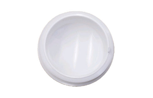 Bottom view of white plastic dome cap used for covering pool hardware or support posts, rounded for safety and aesthetics