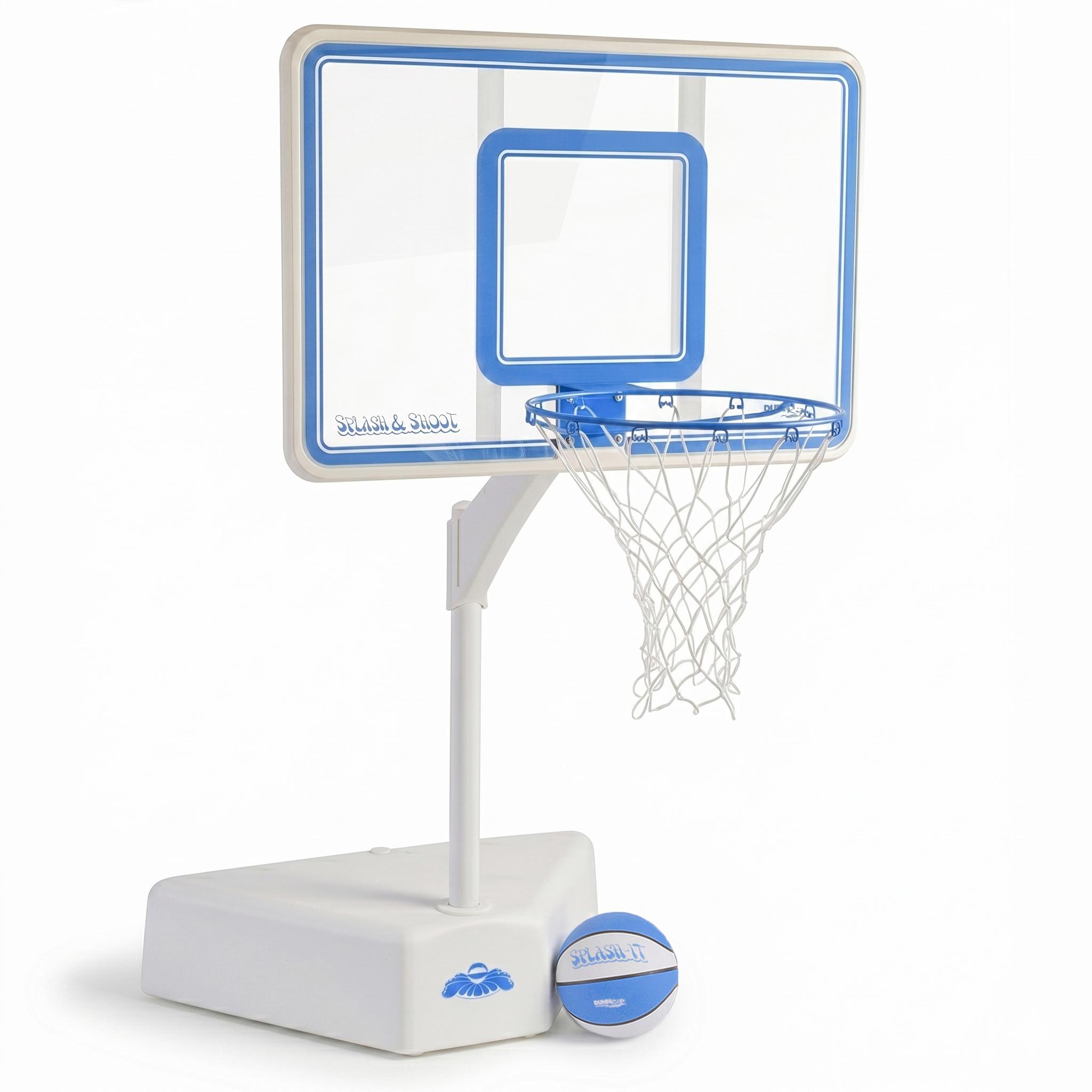white and blue pool basketball hoop with basketball