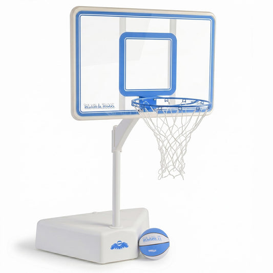 white and blue pool basketball hoop with basketball