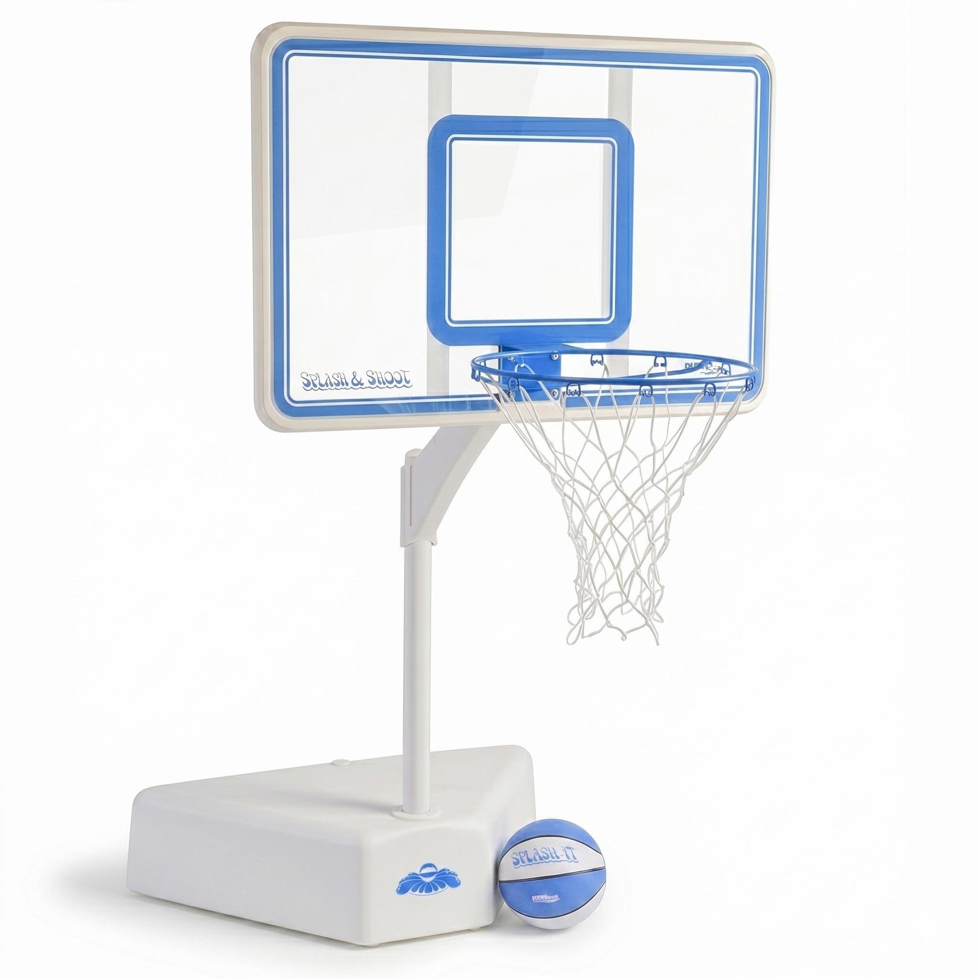 white and blue pool basketball hoop with basketball