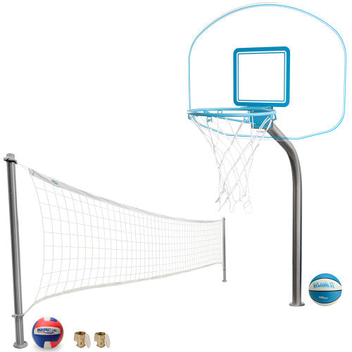 In-ground pool basketball and volleyball combo set with clear backboard, net, and color-matched balls