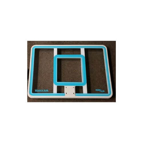 Clear polycarbonate replacement backboard for Splash & Slam pool basketball hoop with teal trim and mounting bracket