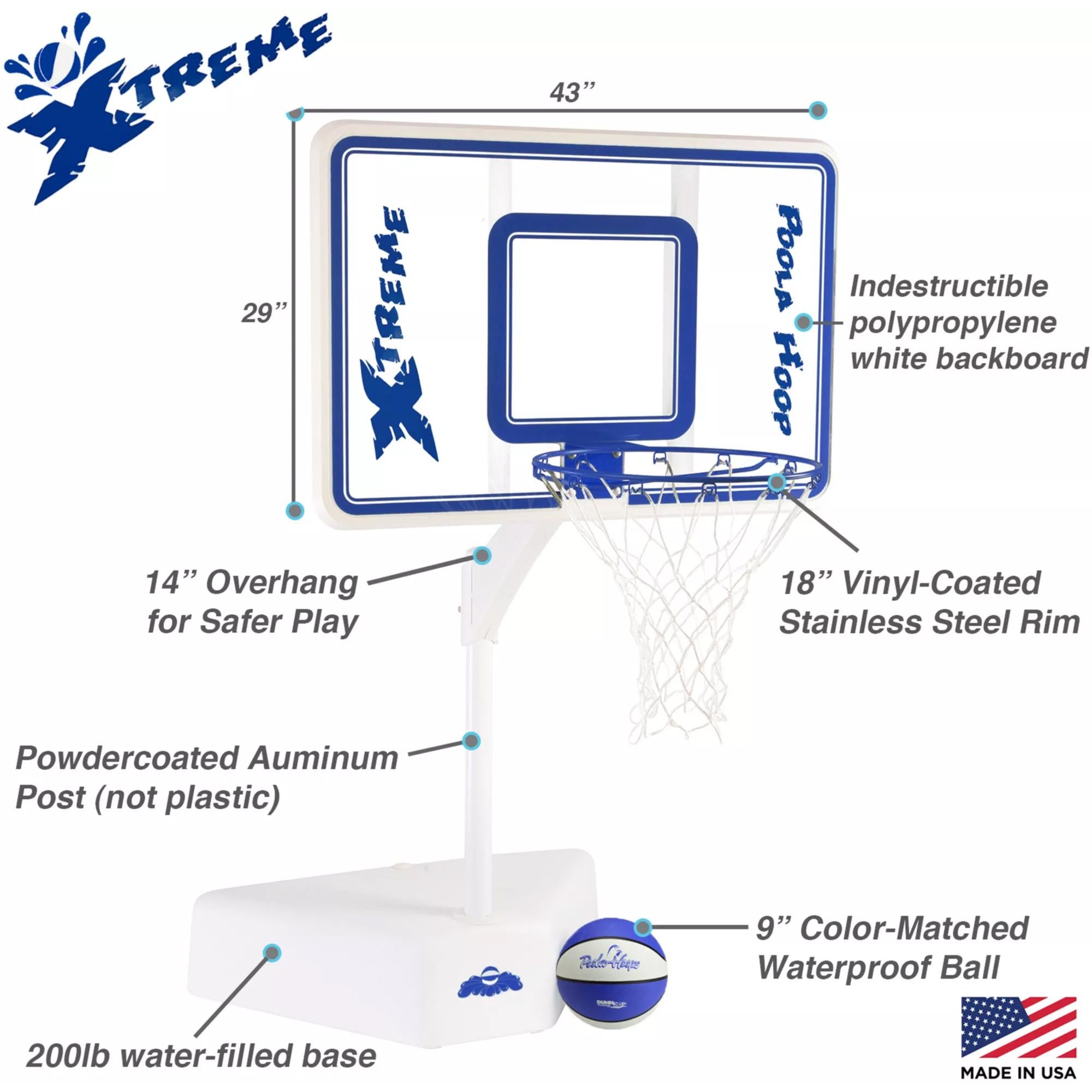 Diagram of a pool basketball hoop with dimensions and features labeled.