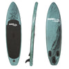 Inflatable paddle board with textured deck pad, triple fin setup, and bungee storage