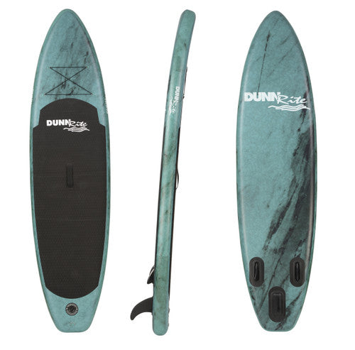 Inflatable paddle board with textured deck pad, triple fin setup, and bungee storage