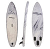 White marble-style inflatable SUP with triple fin setup, textured deck, and bungee storage