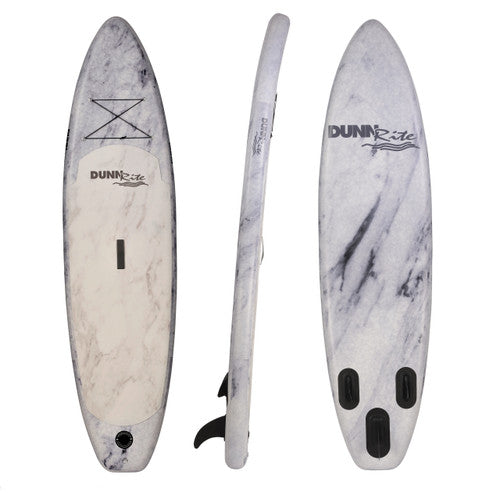 White marble-style inflatable SUP with triple fin setup, textured deck, and bungee storage