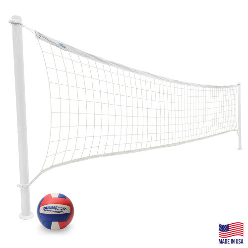 Made in USA DeckVolly pool volleyball net system with white posts and ball