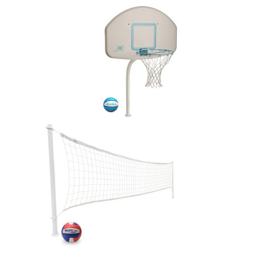 Deck Combo set with poolside basketball hoop and volleyball net with Splash-It balls