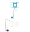 Dual poolside sports set featuring the Deck Shoot basketball hoop and DeckVolly net for volleyball, perfect for backyard pools